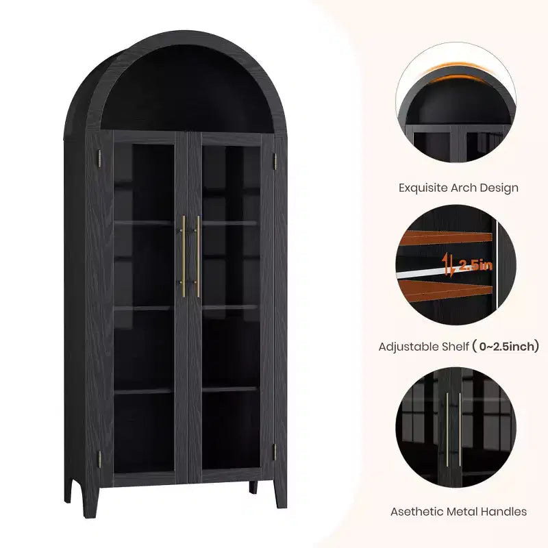 Mobiletto Contenitore ad Arco in Stile Rustico, Scaffale a 5 Ripiani, 2 Ante in Vetro, Ripiano Regolabile, Versatile Armadietto per Cucina, Sala da Pranzo, Soggiorno