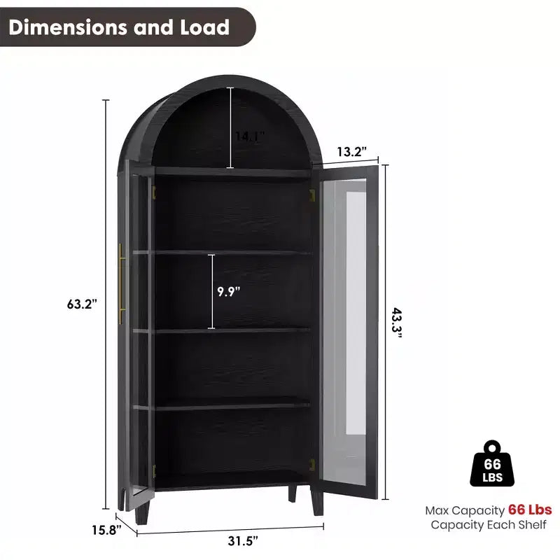 Mobiletto Contenitore ad Arco in Stile Rustico, Scaffale a 5 Ripiani, 2 Ante in Vetro, Ripiano Regolabile, Versatile Armadietto per Cucina, Sala da Pranzo, Soggiorno