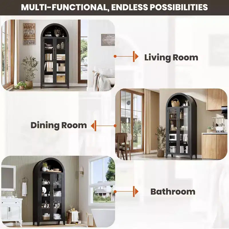 Mobiletto Contenitore ad Arco in Stile Rustico, Scaffale a 5 Ripiani, 2 Ante in Vetro, Ripiano Regolabile, Versatile Armadietto per Cucina, Sala da Pranzo, Soggiorno