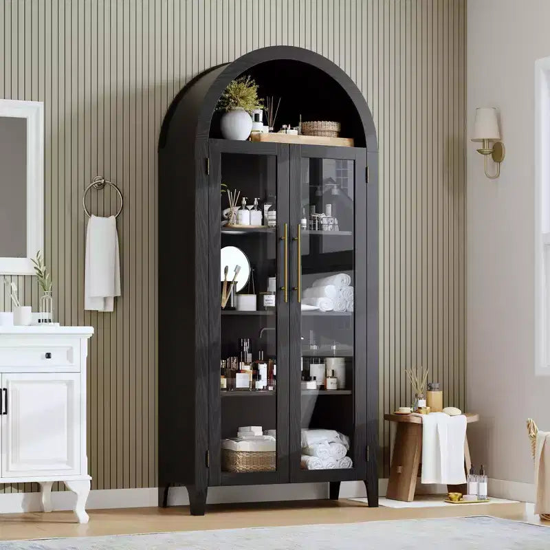 Mobiletto Contenitore ad Arco in Stile Rustico, Scaffale a 5 Ripiani, 2 Ante in Vetro, Ripiano Regolabile, Versatile Armadietto per Cucina, Sala da Pranzo, Soggiorno
