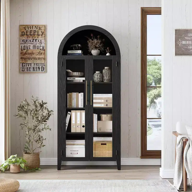Mobiletto Contenitore ad Arco in Stile Rustico, Scaffale a 5 Ripiani, 2 Ante in Vetro, Ripiano Regolabile, Versatile Armadietto per Cucina, Sala da Pranzo, Soggiorno