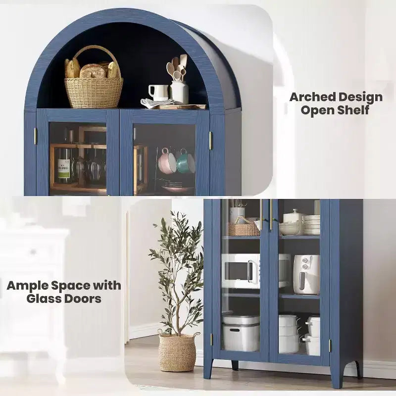 Mobiletto Contenitore ad Arco in Stile Rustico, Scaffale a 5 Ripiani, 2 Ante in Vetro, Ripiano Regolabile, Versatile Armadietto per Cucina, Sala da Pranzo, Soggiorno