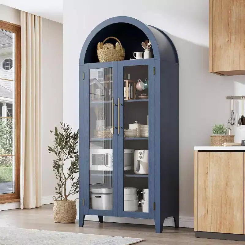 Mobiletto Contenitore ad Arco in Stile Rustico, Scaffale a 5 Ripiani, 2 Ante in Vetro, Ripiano Regolabile, Versatile Armadietto per Cucina, Sala da Pranzo, Soggiorno