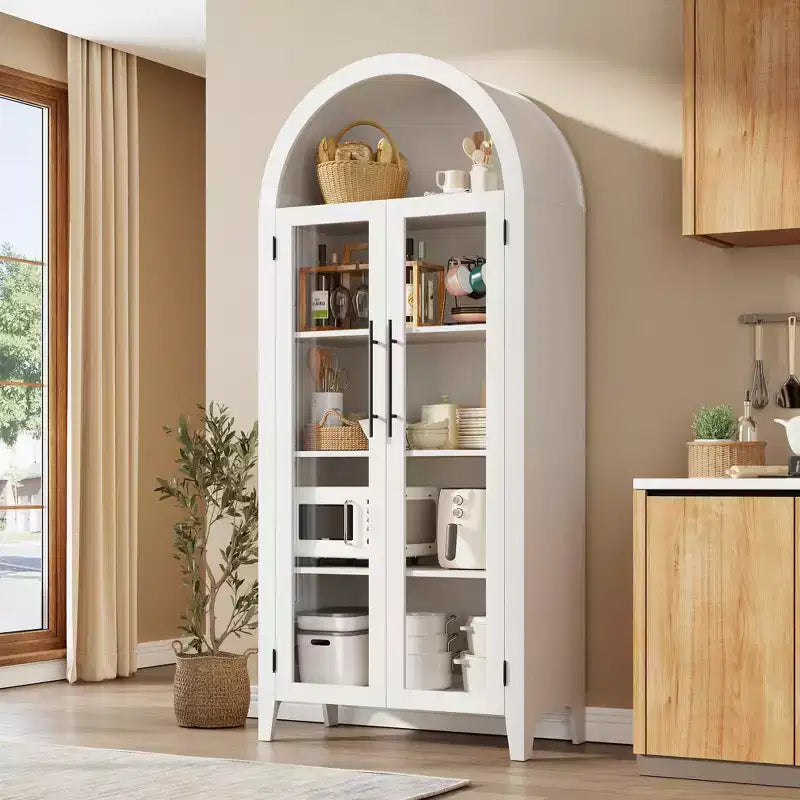 Mobiletto Contenitore ad Arco in Stile Rustico, Scaffale a 5 Ripiani, 2 Ante in Vetro, Ripiano Regolabile, Versatile Armadietto per Cucina, Sala da Pranzo, Soggiorno