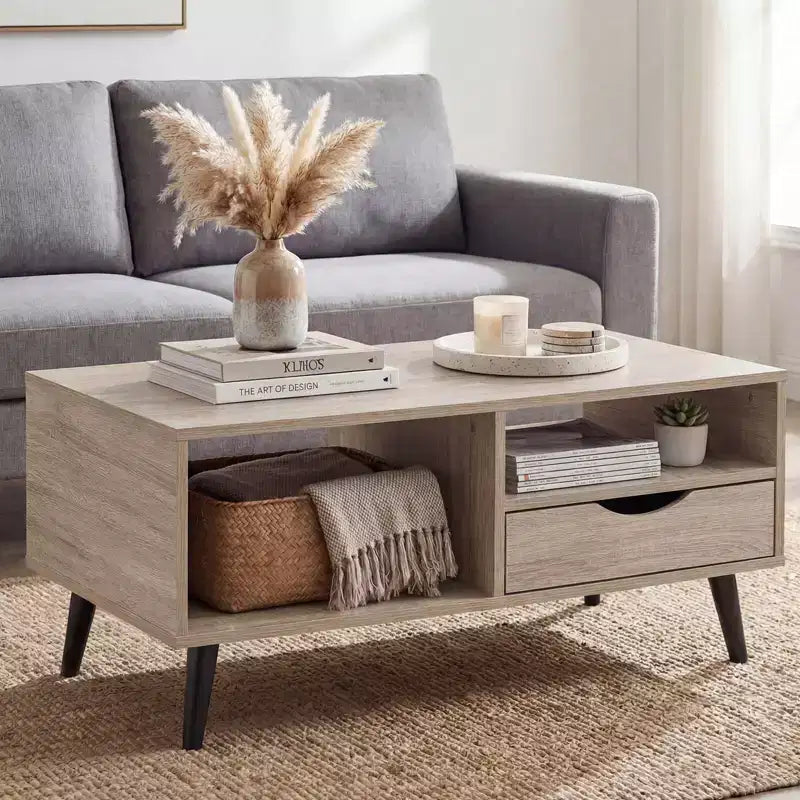 Costway Coffee Table with Storage, Rustic Rectangle Center Table with Drawer & Open Shelves Natural/Walnut