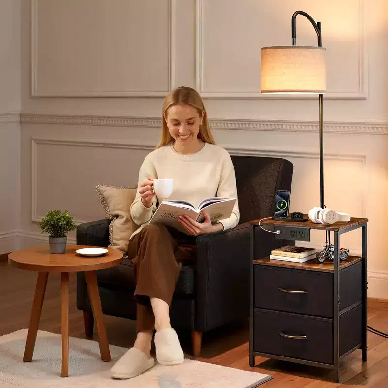Lampada da terra con tavolino a 2 ripiani, 2 cassetti e illuminazione a 3 colori, porta USB
