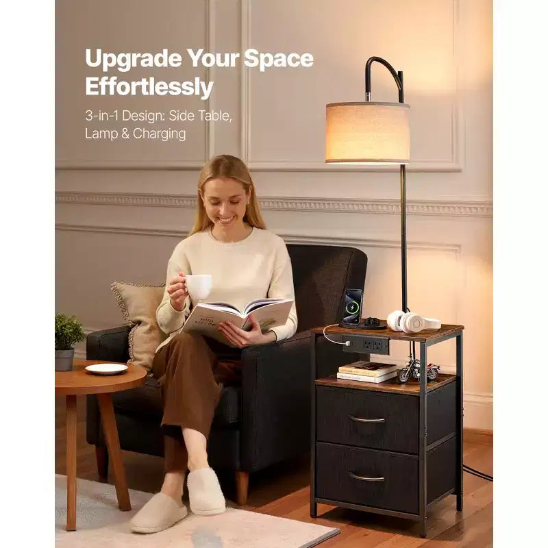 Lampada da terra con tavolino a 2 ripiani, 2 cassetti e illuminazione a 3 colori, porta USB