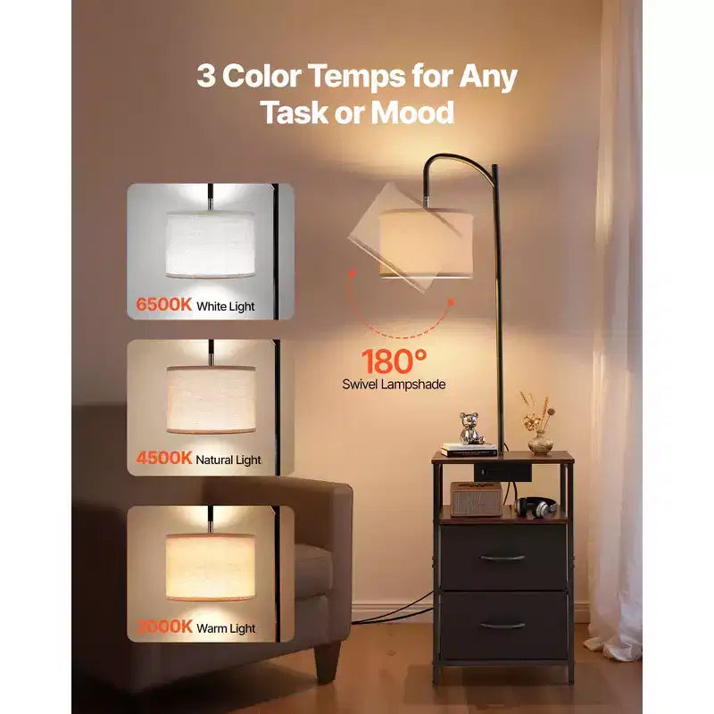 Lampada da terra con tavolino a 2 ripiani, 2 cassetti e illuminazione a 3 colori, porta USB