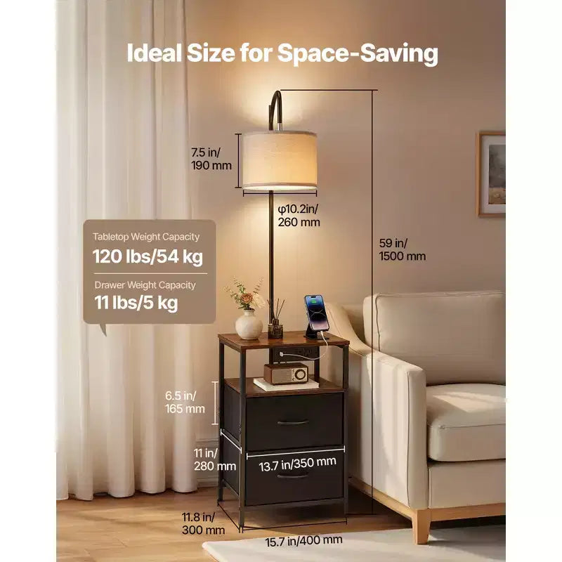 Lampada da terra con tavolino a 2 ripiani, 2 cassetti e illuminazione a 3 colori, porta USB