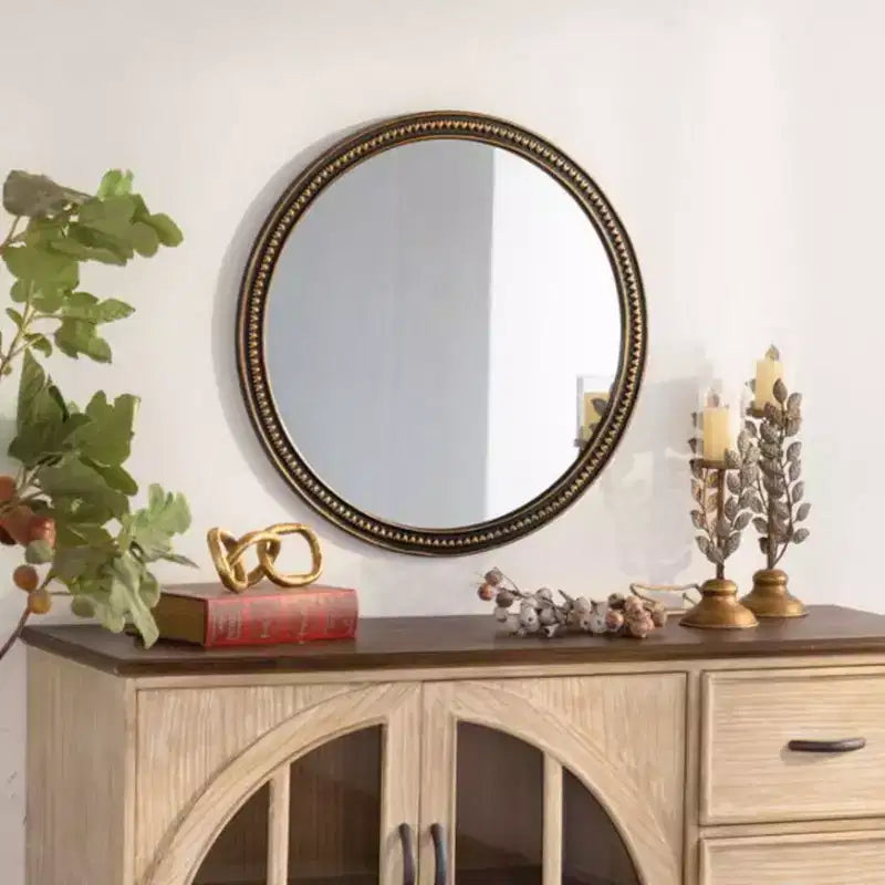 Round Wall Mirror with Vintage Gold Beaded Frame for Living Room or Bedroom