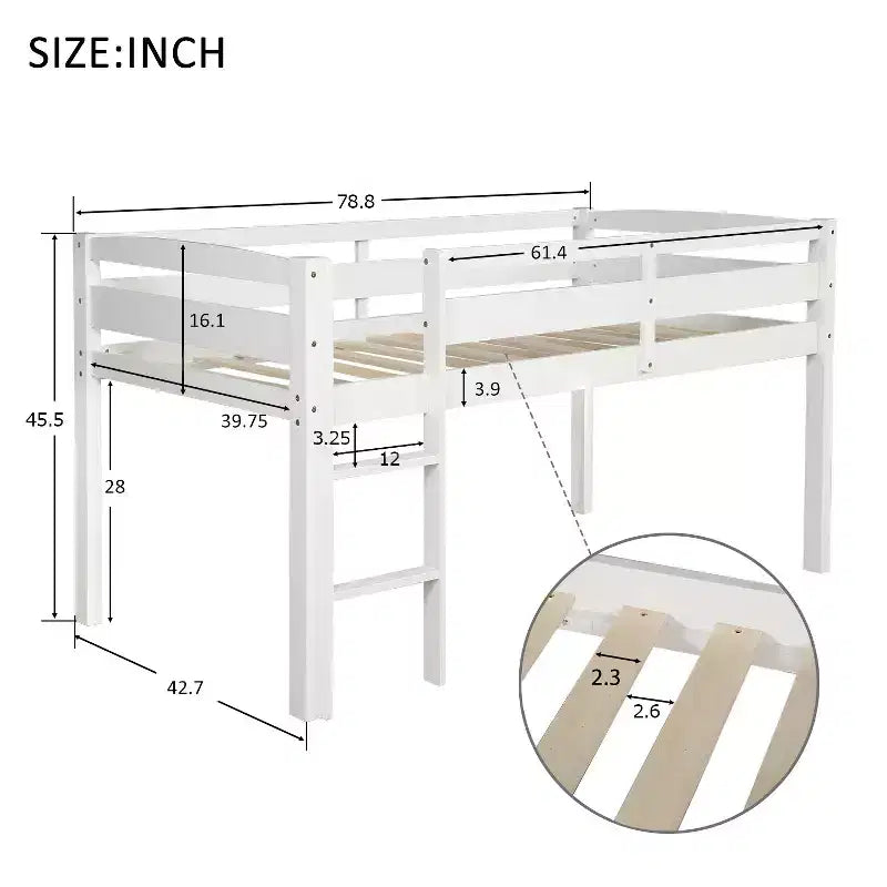 Letto a soppalco singolo in legno massiccio con scaletta e sponde di sicurezza per bambini