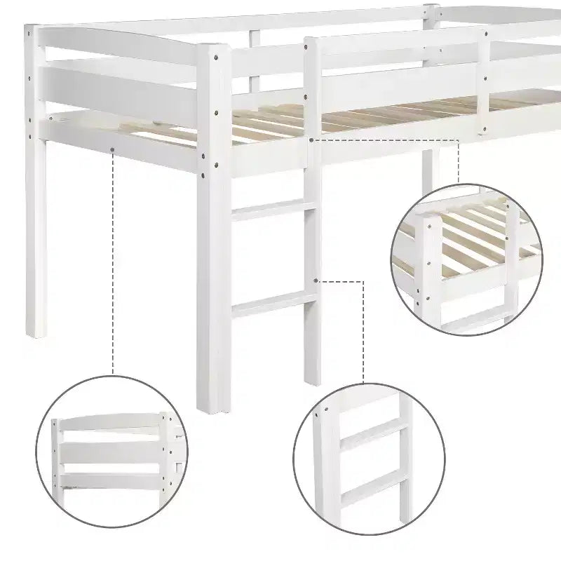 Letto a soppalco singolo in legno massiccio con scaletta e sponde di sicurezza per bambini