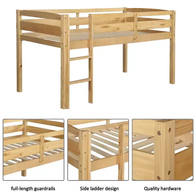 Letto a soppalco singolo in legno massiccio con scaletta e sponde di sicurezza per bambini