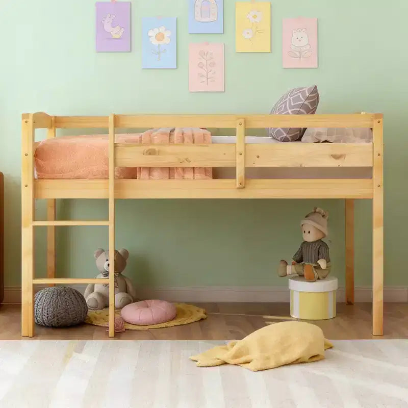 Letto a soppalco singolo in legno massiccio con scaletta e sponde di sicurezza per bambini