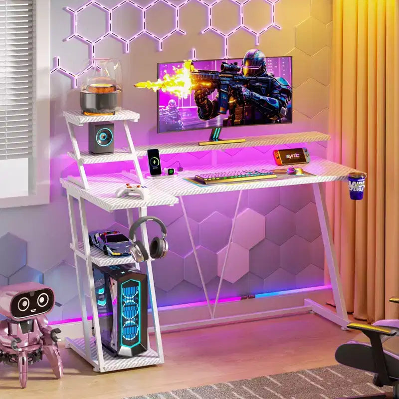 Scrivania gaming a L da 47 pollici bianca, piccola, da angolo, per computer, con supporto per monitor, ripiani portaoggetti, scrivania da gamer per camere da letto, workstation PC per ragazzi