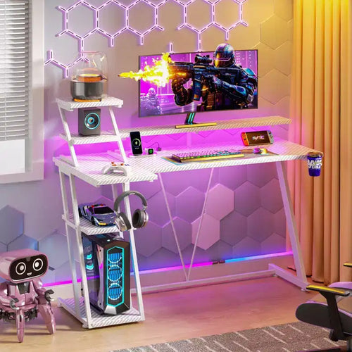 Scrivania gaming a L da 47 pollici bianca, piccola, da angolo, per computer, con supporto per monitor, ripiani portaoggetti, scrivania da gamer per camere da letto, workstation PC per ragazzi