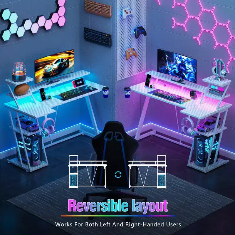 Scrivania gaming a L da 47 pollici bianca, piccola, da angolo, per computer, con supporto per monitor, ripiani portaoggetti, scrivania da gamer per camere da letto, workstation PC per ragazzi