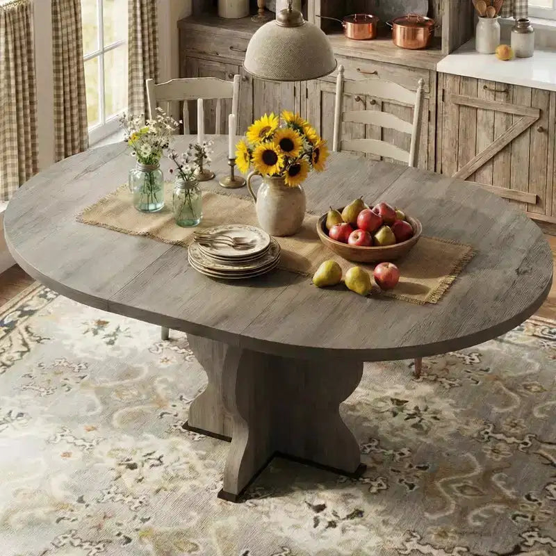 Tavolo da pranzo rotondo allungabile da 63 pollici per 4-8 persone, tavolo da cucina ovale in legno stile rustico, piano spesso, gamba larga e ondulata, circolare, per cena, sala da pranzo, appartamento