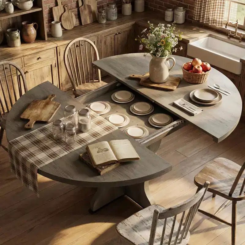 Tavolo da pranzo rotondo allungabile da 63 pollici per 4-8 persone, tavolo da cucina ovale in legno stile rustico, piano spesso, gamba larga e ondulata, circolare, per cena, sala da pranzo, appartamento