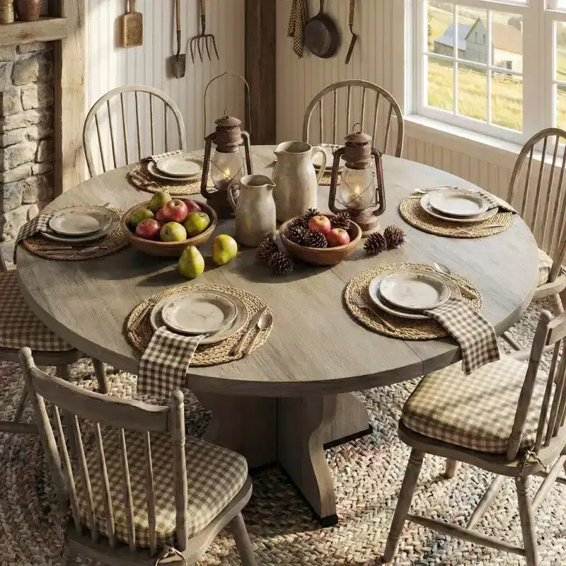 Tavolo da pranzo rotondo allungabile da 63 pollici per 4-8 persone, tavolo da cucina ovale in legno stile rustico, piano spesso, gamba larga e ondulata, circolare, per cena, sala da pranzo, appartamento