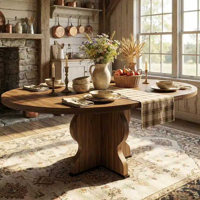 Tavolo da pranzo rotondo allungabile da 63 pollici per 4-8 persone, tavolo da cucina ovale in legno stile rustico, piano spesso, gamba larga e ondulata, circolare, per cena, sala da pranzo, appartamento