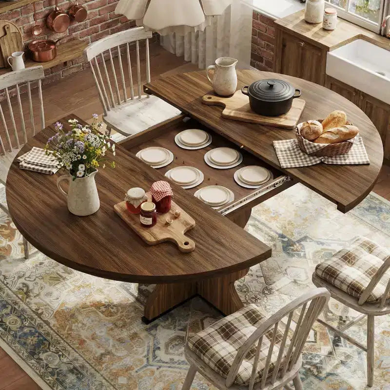 Tavolo da pranzo rotondo allungabile da 63 pollici per 4-8 persone, tavolo da cucina ovale in legno stile rustico, piano spesso, gamba larga e ondulata, circolare, per cena, sala da pranzo, appartamento