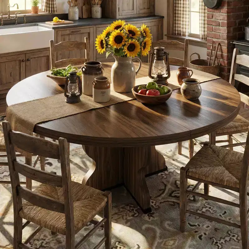 Tavolo da pranzo rotondo allungabile da 63 pollici per 4-8 persone, tavolo da cucina ovale in legno stile rustico, piano spesso, gamba larga e ondulata, circolare, per cena, sala da pranzo, appartamento