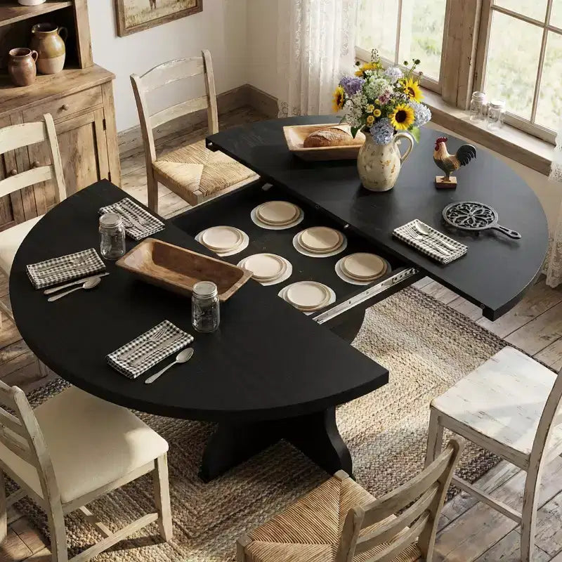 Tavolo da pranzo rotondo allungabile da 63 pollici per 4-8 persone, tavolo da cucina ovale in legno stile rustico, piano spesso, gamba larga e ondulata, circolare, per cena, sala da pranzo, appartamento
