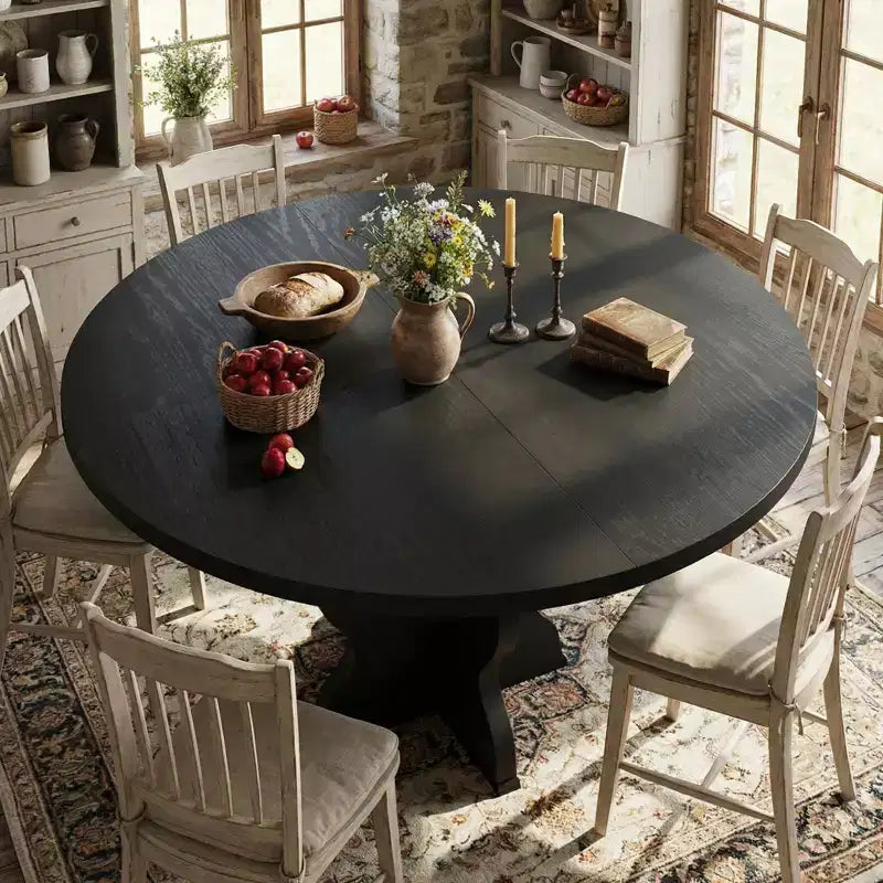Tavolo da pranzo rotondo allungabile da 63 pollici per 4-8 persone, tavolo da cucina ovale in legno stile rustico, piano spesso, gamba larga e ondulata, circolare, per cena, sala da pranzo, appartamento