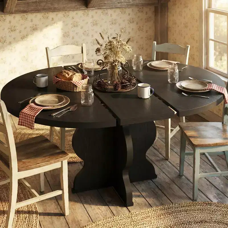 Tavolo da pranzo rotondo allungabile da 63 pollici per 4-8 persone, tavolo da cucina ovale in legno stile rustico, piano spesso, gamba larga e ondulata, circolare, per cena, sala da pranzo, appartamento