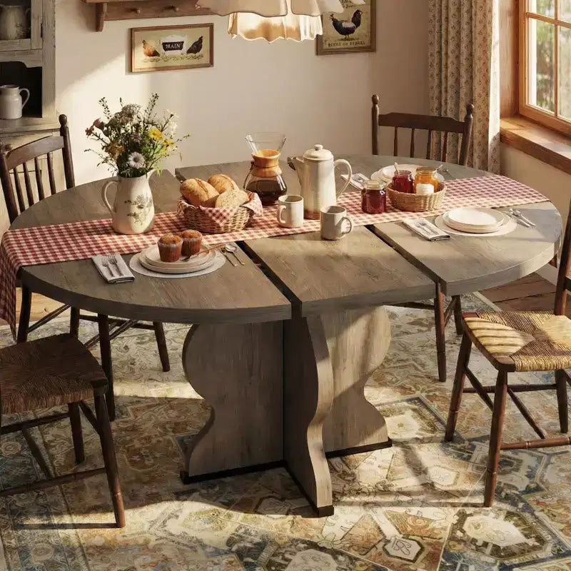 Tavolo da pranzo rotondo allungabile da 63 pollici per 4-8 persone, tavolo da cucina ovale in legno stile rustico, piano spesso, gamba larga e ondulata, circolare, per cena, sala da pranzo, appartamento