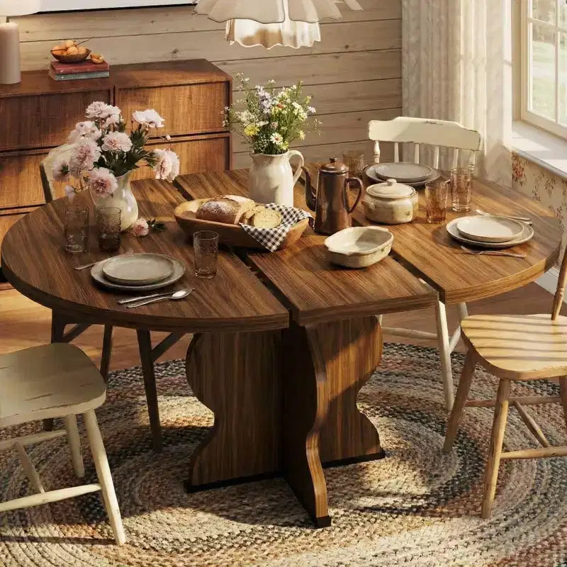 Tavolo da pranzo rotondo allungabile da 63 pollici per 4-8 persone, tavolo da cucina ovale in legno stile rustico, piano spesso, gamba larga e ondulata, circolare, per cena, sala da pranzo, appartamento