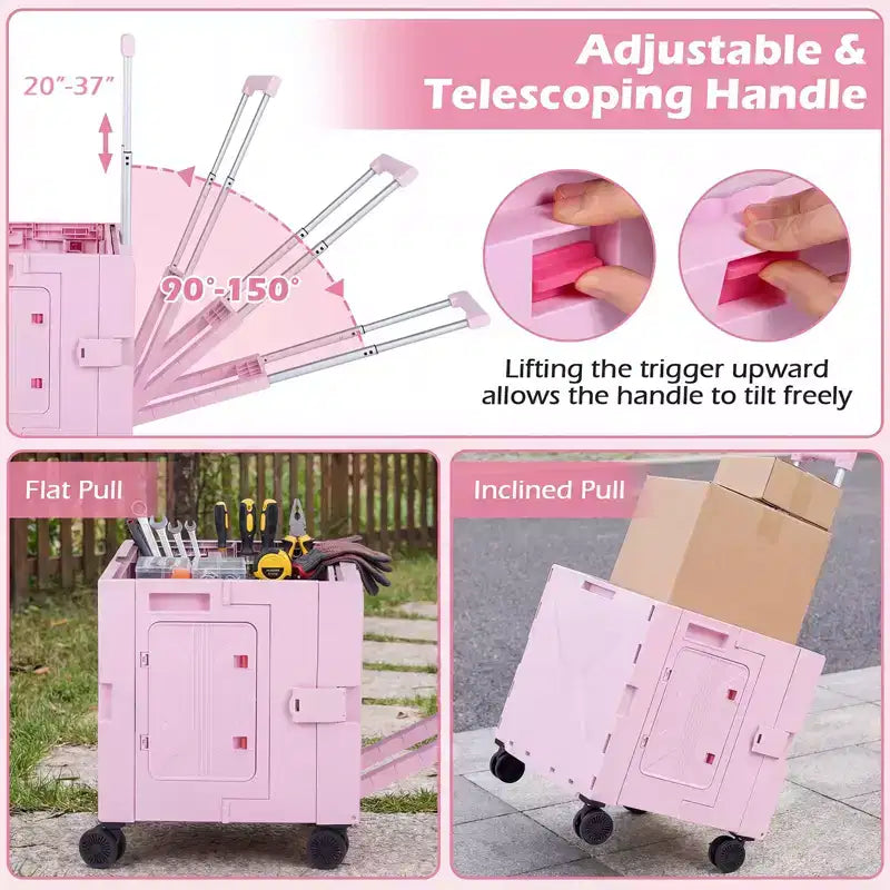 Carrello portaoggetti pieghevole con 4 ruote girevoli, manico telescopico e portabicchieri