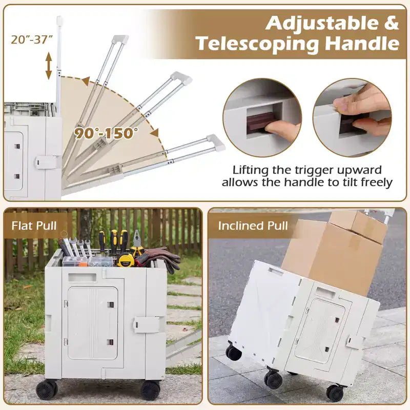 Carrello portaoggetti pieghevole con 4 ruote girevoli, manico telescopico e portabicchieri