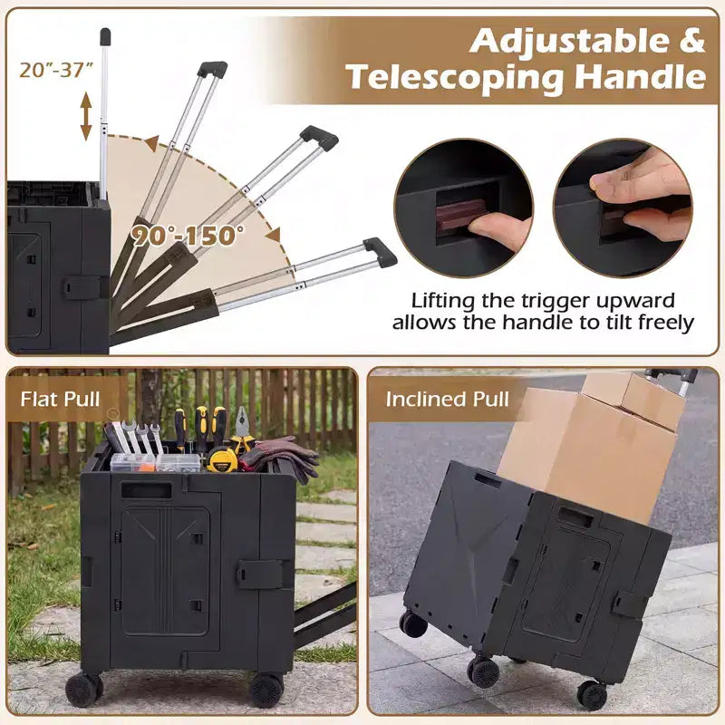 Carrello portaoggetti pieghevole con 4 ruote girevoli, manico telescopico e portabicchieri