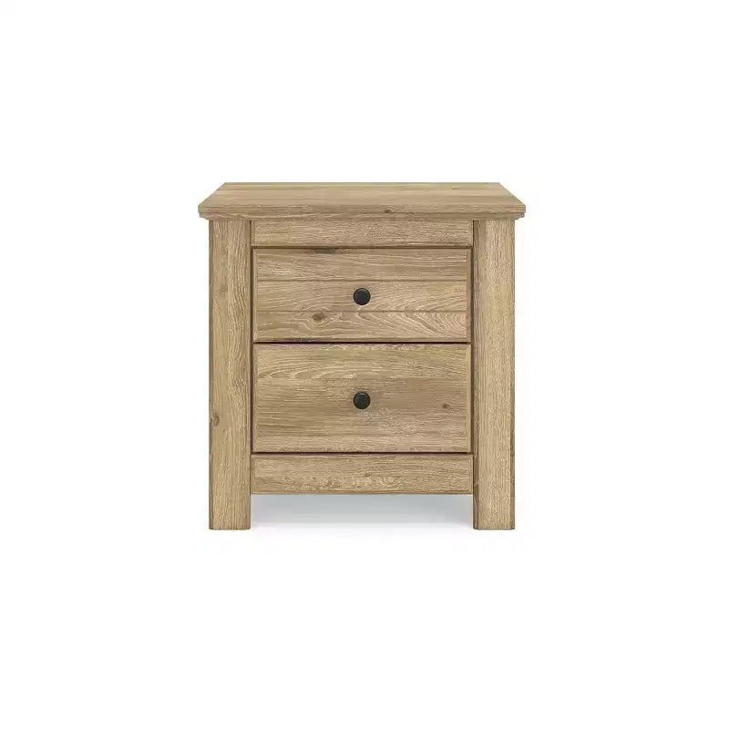 Comodino a 2 cassetti con porta di ricarica USB, finitura naturale color tan con venature effetto rovere