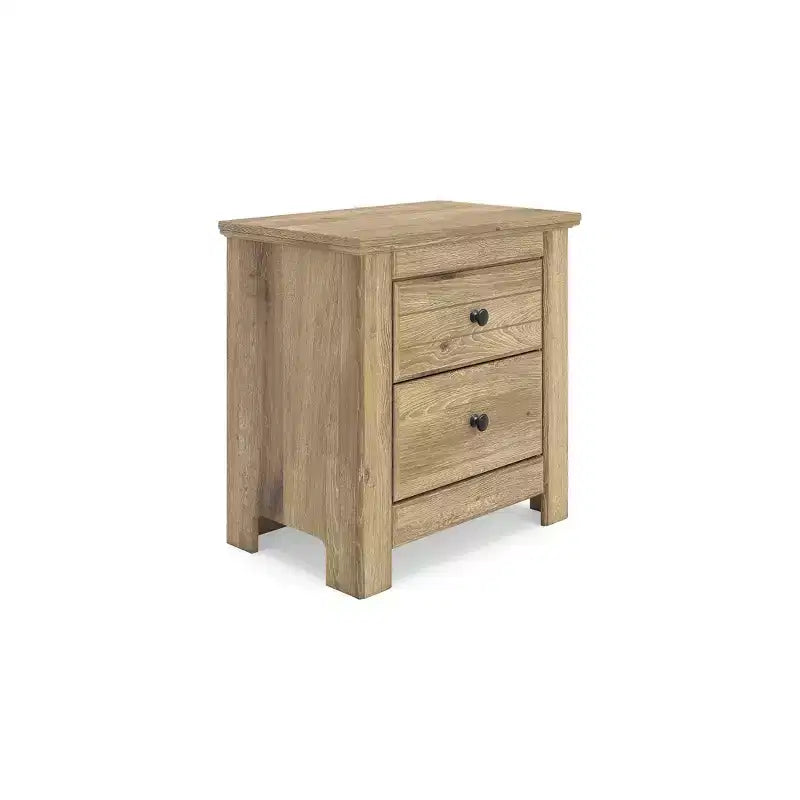 Comodino a 2 cassetti con porta di ricarica USB, finitura naturale color tan con venature effetto rovere