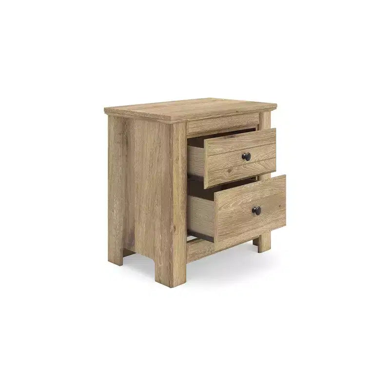 Comodino a 2 cassetti con porta di ricarica USB, finitura naturale color tan con venature effetto rovere