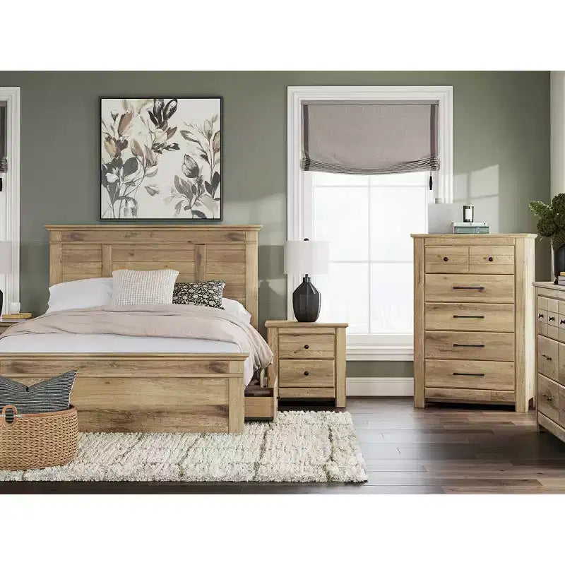 Comodino a 2 cassetti con porta di ricarica USB, finitura naturale color tan con venature effetto rovere