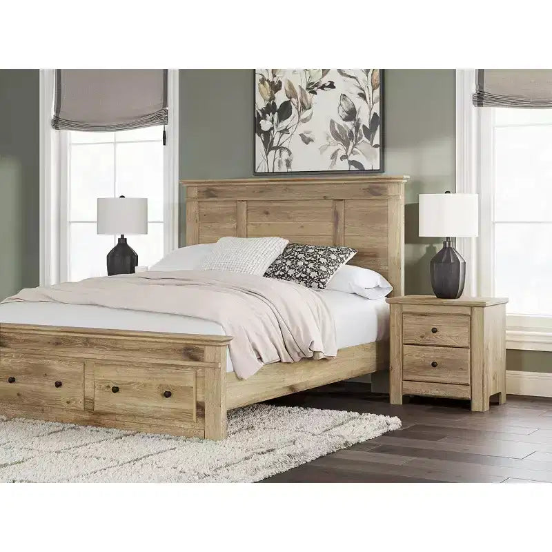 Comodino a 2 cassetti con porta di ricarica USB, finitura naturale color tan con venature effetto rovere
