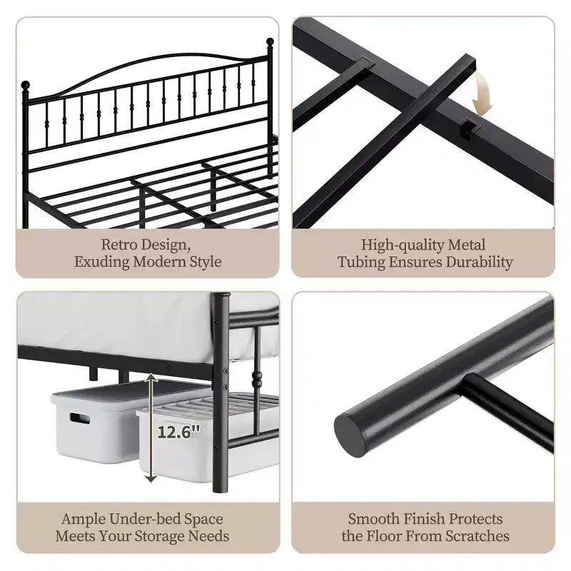 Struttura letto in metallo con testiera e pediera vittoriana, nera