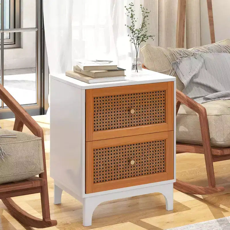 Comodino in Rattan con 2 Cassetti e Gambe in Legno | Tavolino d'Appoggio per Comodino