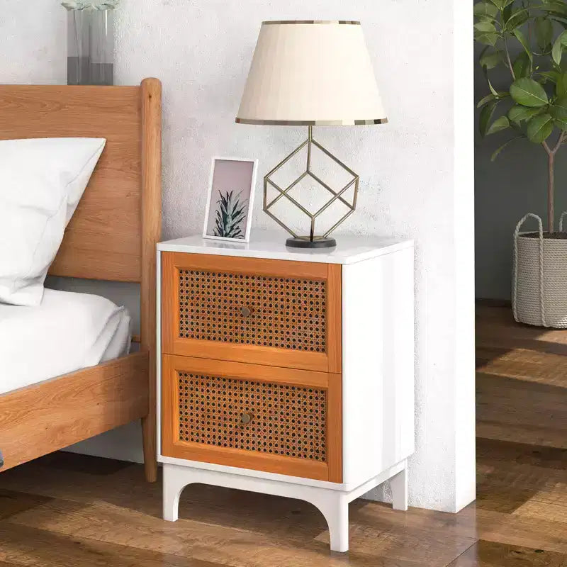 Comodino in Rattan con 2 Cassetti e Gambe in Legno | Tavolino d'Appoggio per Comodino