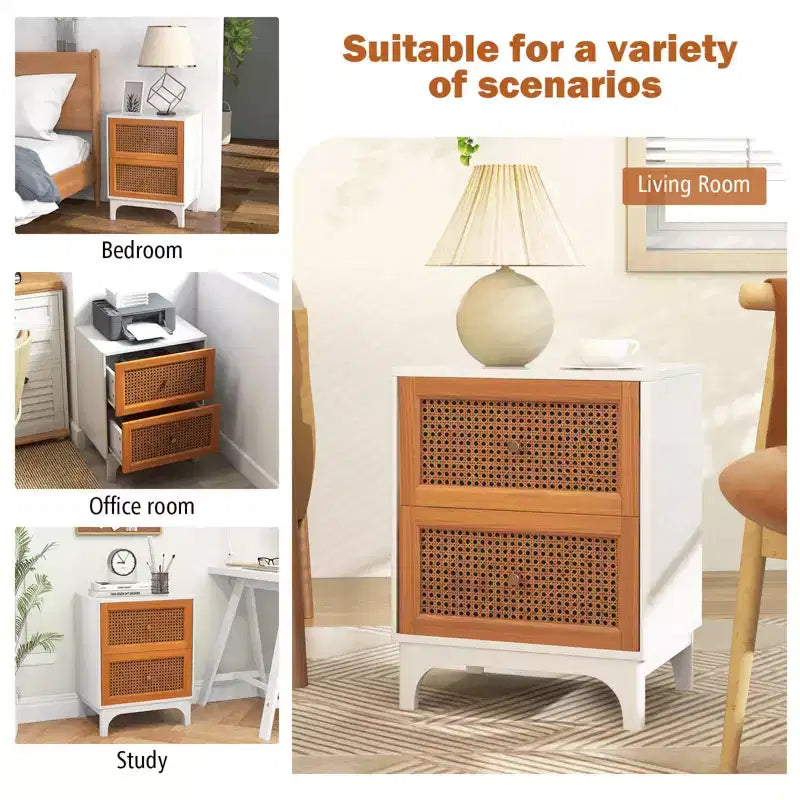 Comodino in Rattan con 2 Cassetti e Gambe in Legno | Tavolino d'Appoggio per Comodino
