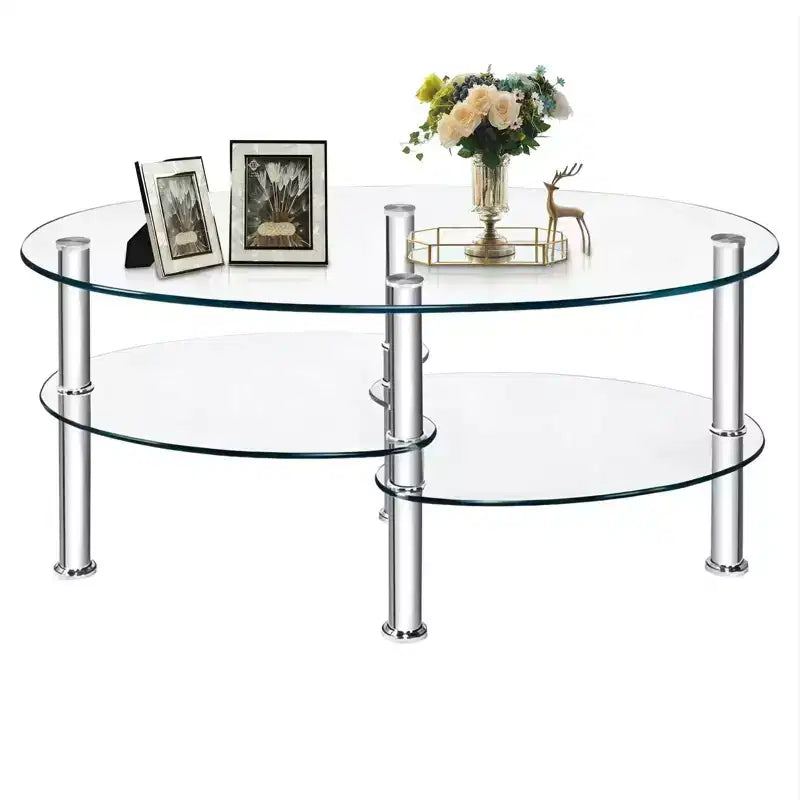 Oval Tempered Glass Coffee Table with Storage Side Shelf and Metal Legs 35 x 20 in Clear