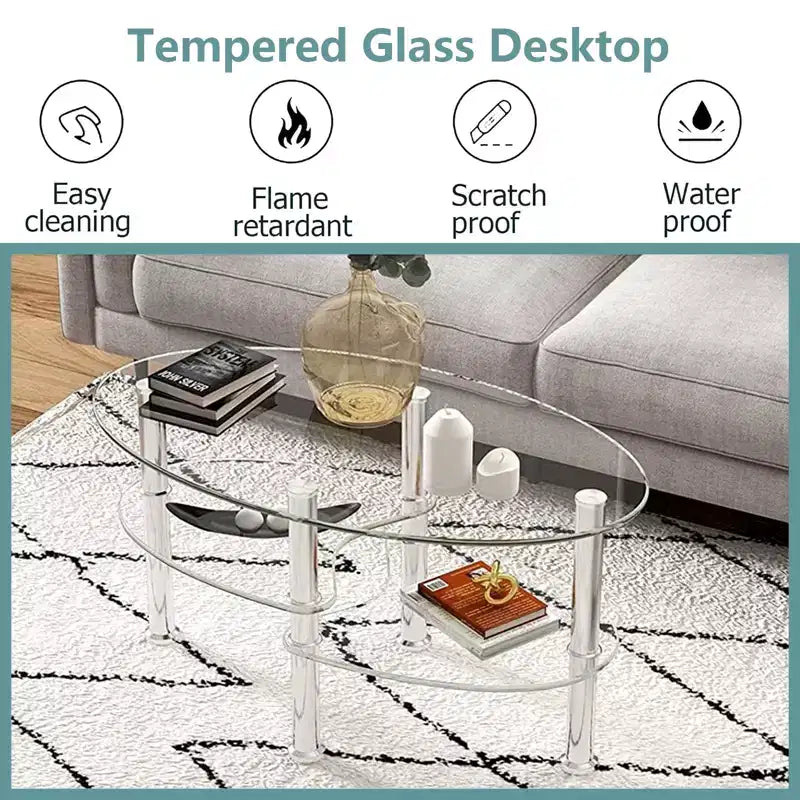 Tavolino ovale in vetro temperato con ripiano laterale e gambe in metallo 35 x 20 pollici trasparente